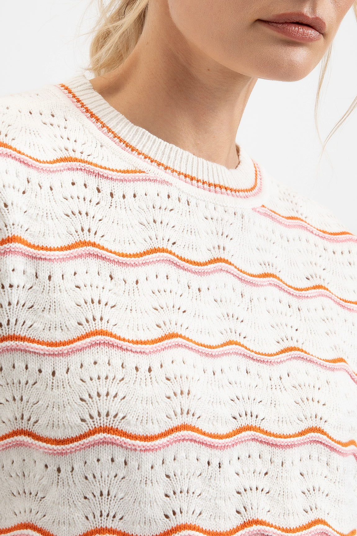 Cotton Ajour Sweater Doris | Light Orange stripe