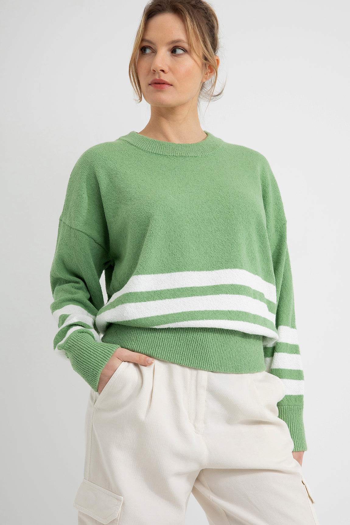 Cotton Blend Bouclé Sweater Doortje | Sea Green Stripe