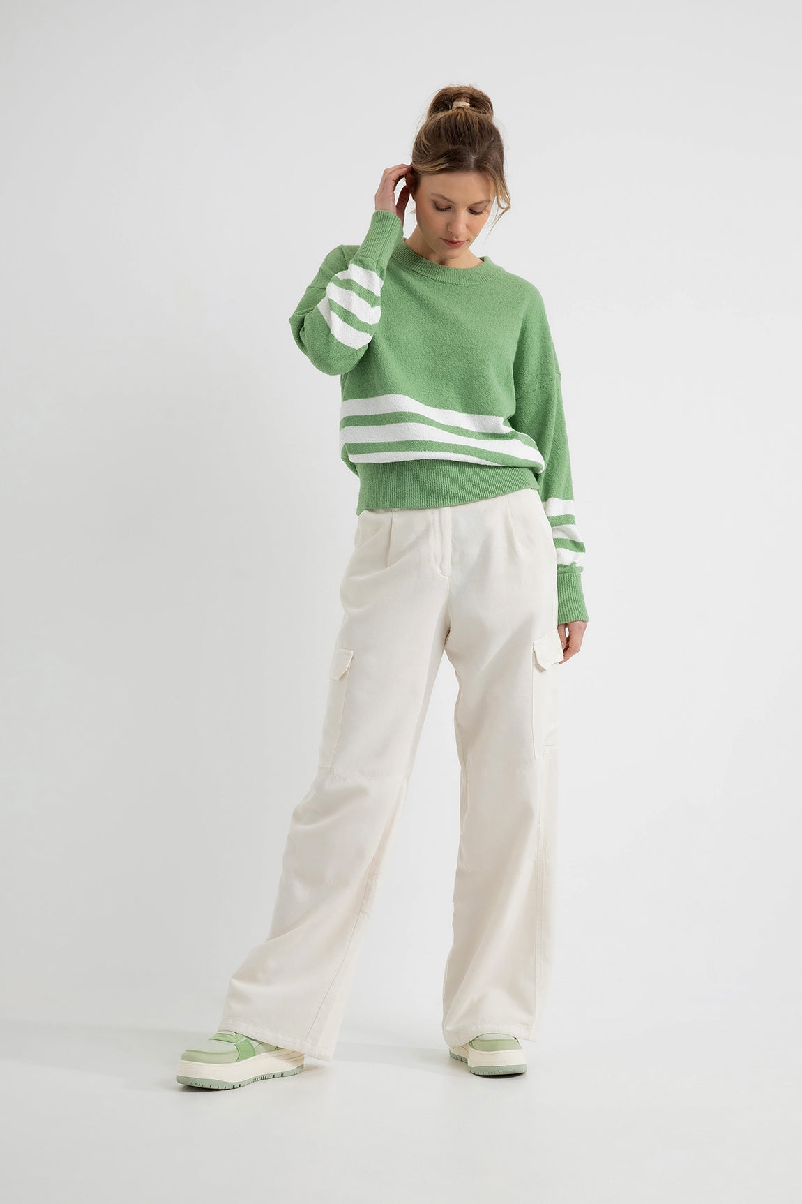 Cotton Blend Bouclé Sweater Doortje | Sea Green Stripe